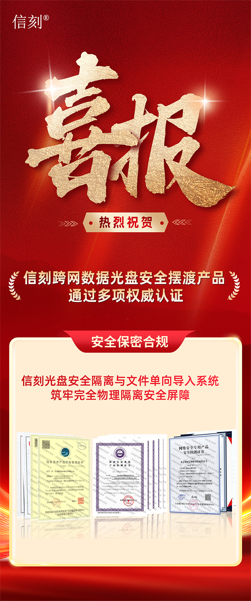 信刻跨网数据光盘安全摆渡产品通过多项权威认证